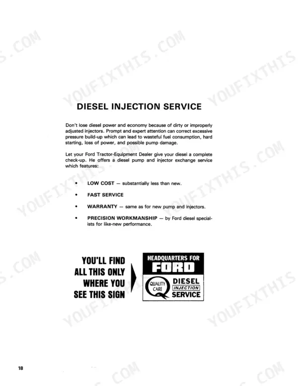 Ford 230A, 340A, 445, 530A, 540A, 545 diesel injection service information and dealer maintenance benefits page.