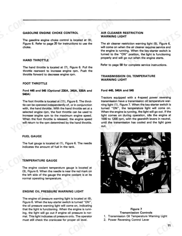 Ford 230A, 340A, 445, 530A, 540A, 545 operator manual page describing throttle, gauges, and transmission controls.