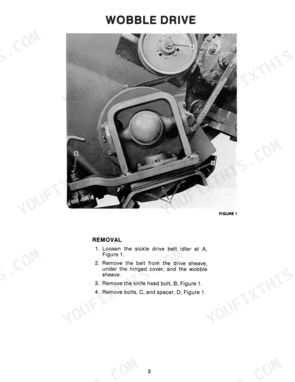 Ford New Holland 472, 477, 478, 479, 488 wobble drive removal procedure with labeled diagram of drive components.