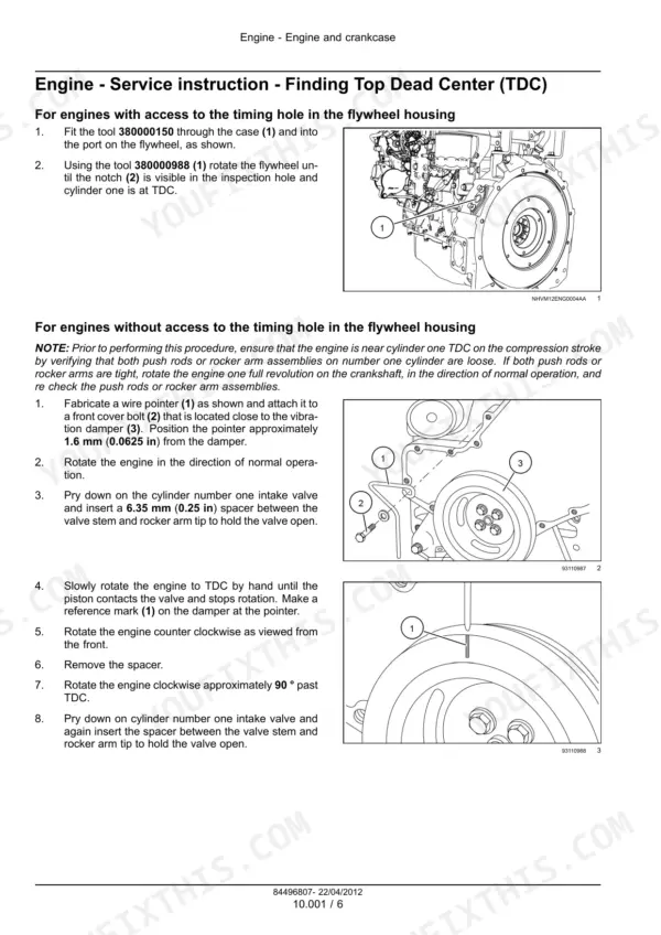 FPT F5DFL413 series service manual procedure for finding engine Top Dead Center (TDC) using flywheel and damper timing marks.