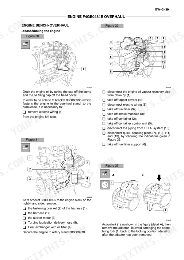 CNH F4GE0484E, F4GE0684F, F4HE0684J engine overhaul disassembly procedures, diagrams, and component removal steps.