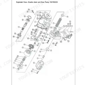 Gehl 153, 193, 223 service manual exploded view of the double axial and gear hydraulic pump assembly components.