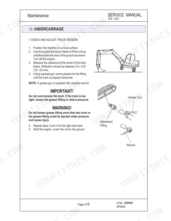 Gehl 153, 193, 223 service manual page for checking and adjusting track tension with grease gun and adjustment fitting.
