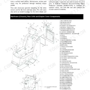 Gehl 1640E, 2012 exploded view of mainframe, rear grille, and engine cover components with numbered parts list.