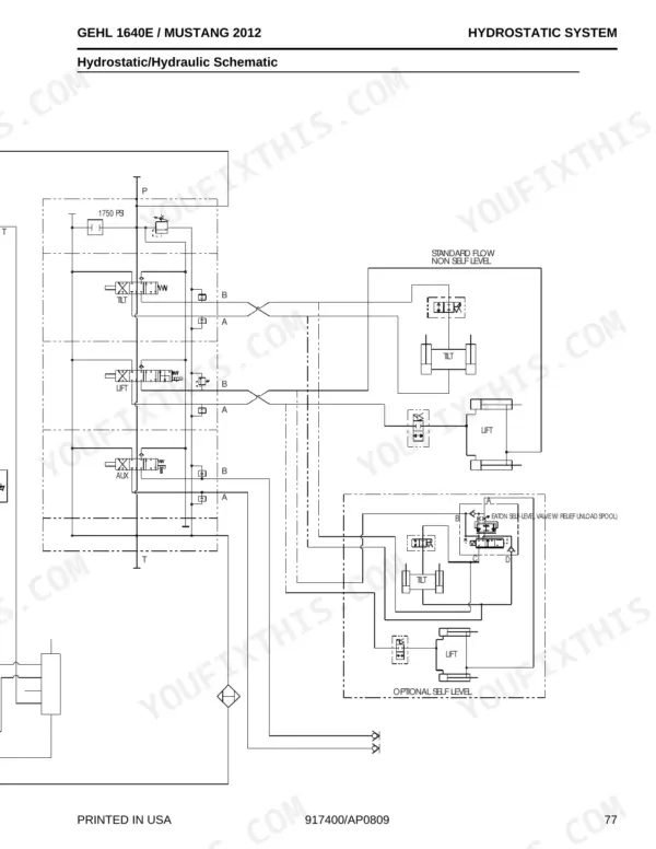 Gehl 1640E, 2012 hydrostatic and hydraulic schematic showing tilt, lift, and auxiliary valve control circuits.