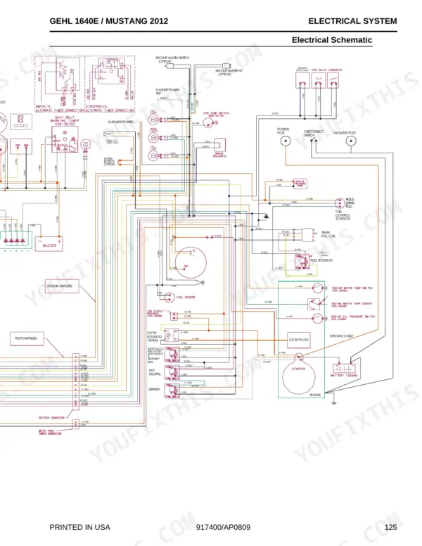 Gehl 1640E, 2012 electrical schematic showing wiring for starter, glow plugs, fuel solenoid, and engine sensors.