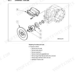 Gehl 280 front axle differential exploded view showing rotary shaft seal replacement procedure and component parts.