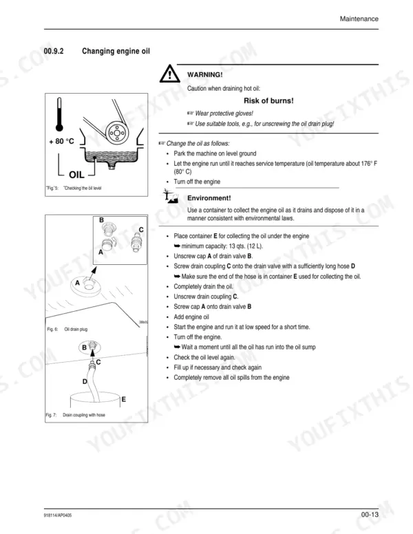 Gehl 280 service manual page for changing engine oil, including oil drain plug diagrams and step-by-step maintenance procedure.