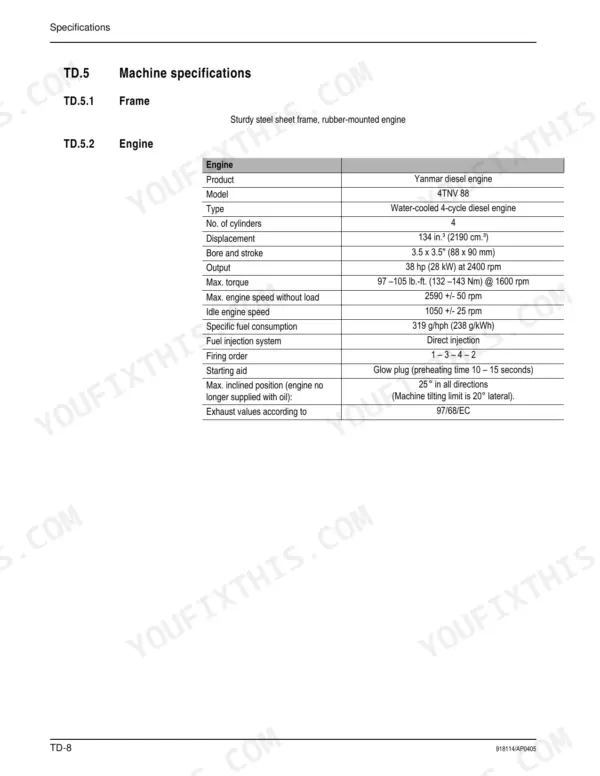 Gehl 280 machine specifications table for Yanmar 4TNV 88 diesel engine, including torque, displacement, and firing order.