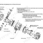 Gehl 418, 418T exploded view of axle body, planetary drive, and cardan shaft disassembly and seal replacement procedures.