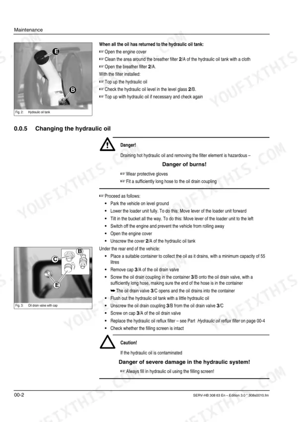 Gehl 418, 418T maintenance procedures for changing hydraulic oil, including tank breather and drain valve diagrams.