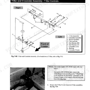 Gehl 4625 exploded view of T-Bar and Crosstube assembly controls, including shock absorbers and lever components.
