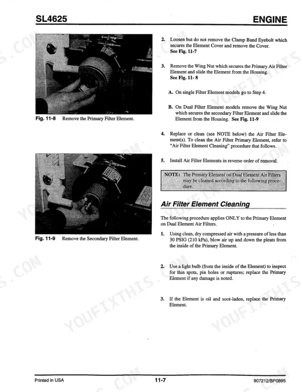 Gehl 4625 engine manual showing air filter element removal, replacement, and cleaning procedures with diagrams.