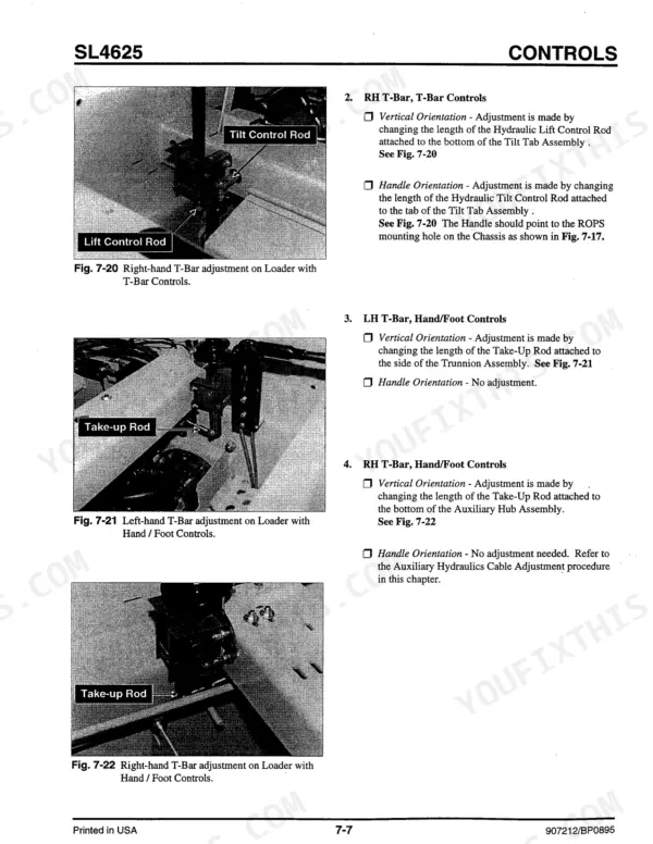 Gehl 4625 service manual page showing T-Bar and hand/foot control adjustment procedures for lift, tilt, and take-up rods.