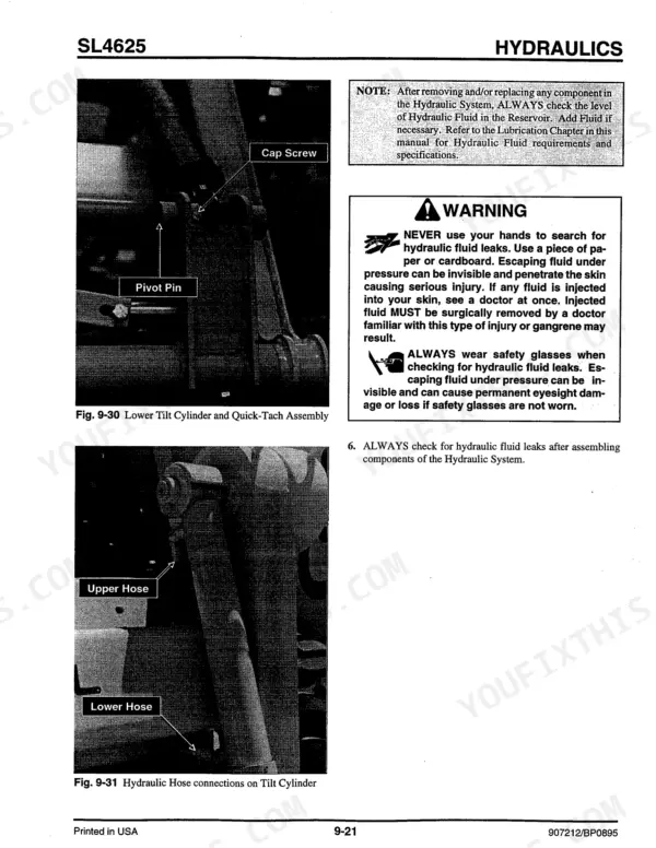 Gehl 4625 hydraulic system manual showing tilt cylinder, quick-tach assembly, and hydraulic hose connection safety warnings.