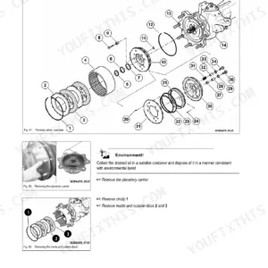 Gehl 480 service manual page showing exploded view of front axle brake cylinder, planetary drive components, and removal procedures.