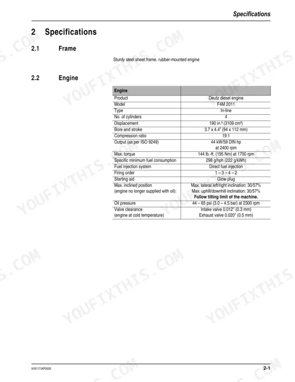 Gehl 480 specifications table for Deutz F4M 2011 engine, including displacement, torque, and valve clearance data.