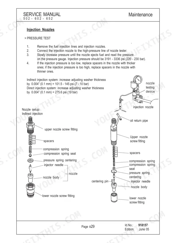 Gehl 502, 602, 652 service manual: fuel injection nozzle pressure test procedure and exploded view component diagrams.
