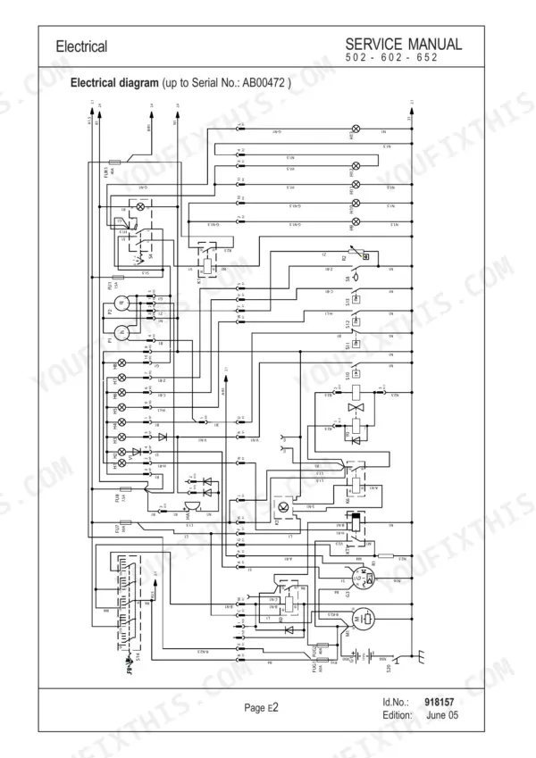 Gehl 502, 602, 652 service manual electrical wiring diagram for serial numbers up to AB00472 showing components and circuits.
