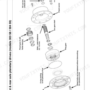 Gehl 520, 521, 620 exploded view of front and rear axle planetary drive showing planet gears, sun gear shaft, and hub.