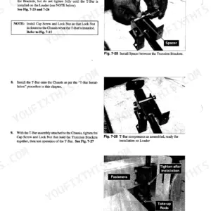 Gehl 5625, 5625SX, 5625DX manual page showing T-Bar control assembly, trunnion bracket installation, and fastener procedures.
