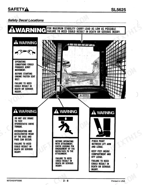 Gehl 5625, 5625SX, 5625DX safety manual page showing interior cab safety decal locations and warning labels.