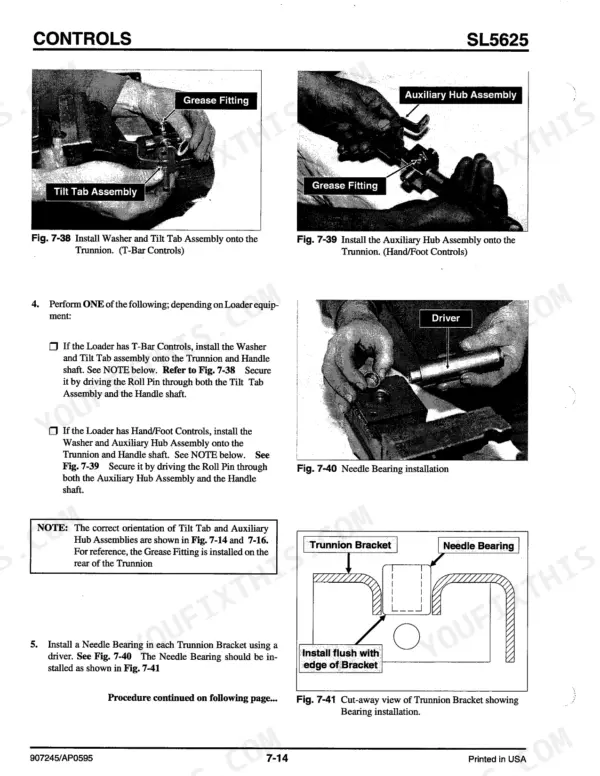 Gehl 5625, 5625SX, 5625DX controls service: installing tilt tab, auxiliary hub, and needle bearing into trunnion bracket.