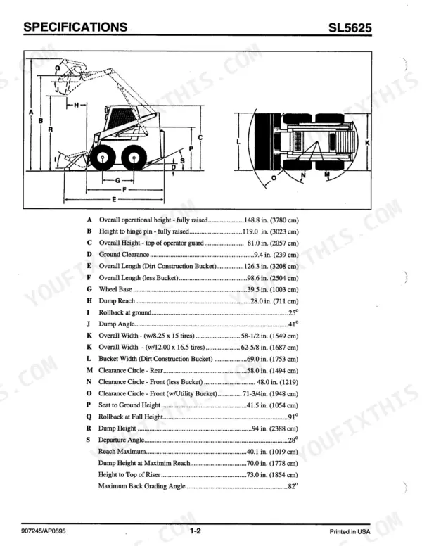 Gehl 5625, 5625SX, 5625DX skid steer specifications diagram and table showing dimensions, clearance, and operational angles.