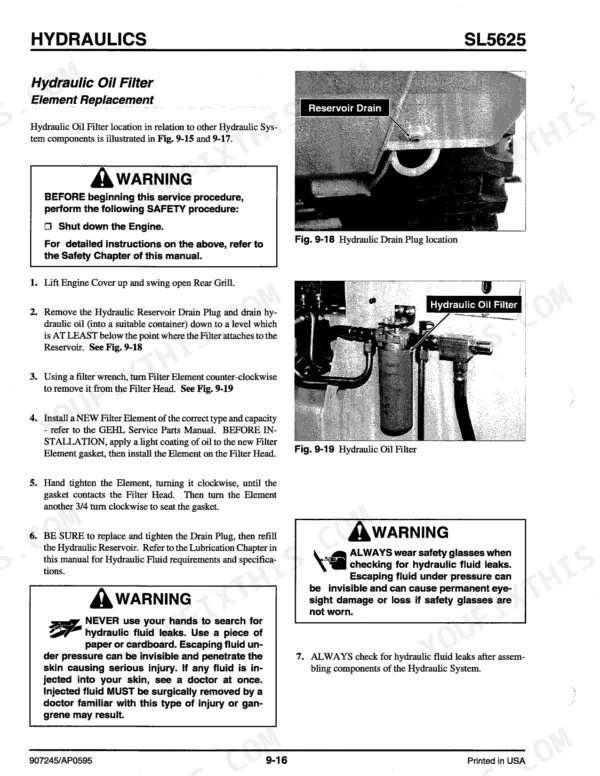 Gehl 5625, 5625SX, 5625DX hydraulic oil filter replacement procedure, drain plug location, and safety warnings.