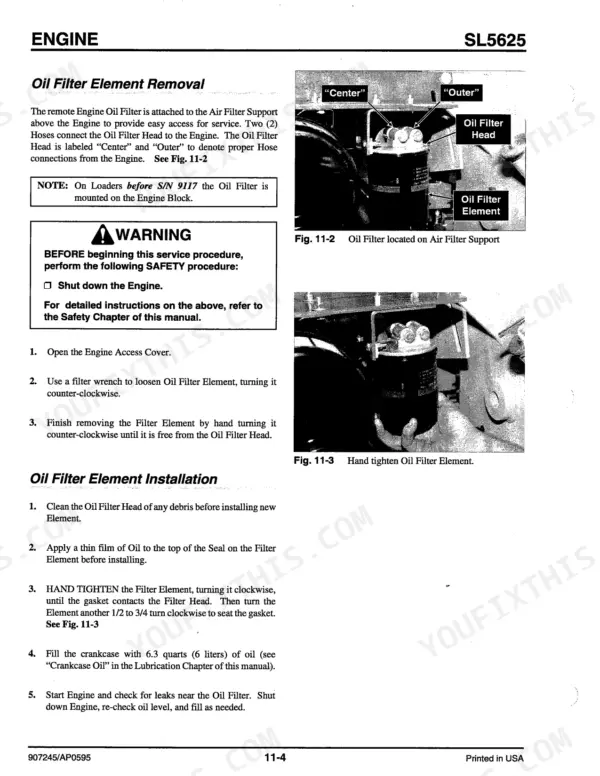 Gehl 5625, 5625SX, 5625DX engine oil filter element removal and installation procedure with component photos.