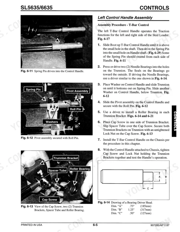 Gehl 5635SX, 5635DX, 5635SXT, 5635DXT, 6635SXT, 6635DXT left T-Bar control handle assembly procedure and bearing driver specs.
