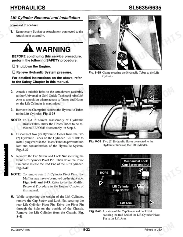 Gehl 5635SX, 5635DX, 5635SXT, 5635DXT, 6635SXT, 6635DXT lift cylinder removal and installation procedure with hydraulic diagrams.