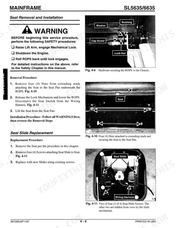 Gehl 5635SX, 5635DX, 5635SXT, 5635DXT, 6635SXT, 6635DXT seat removal, installation, and slide replacement procedures.