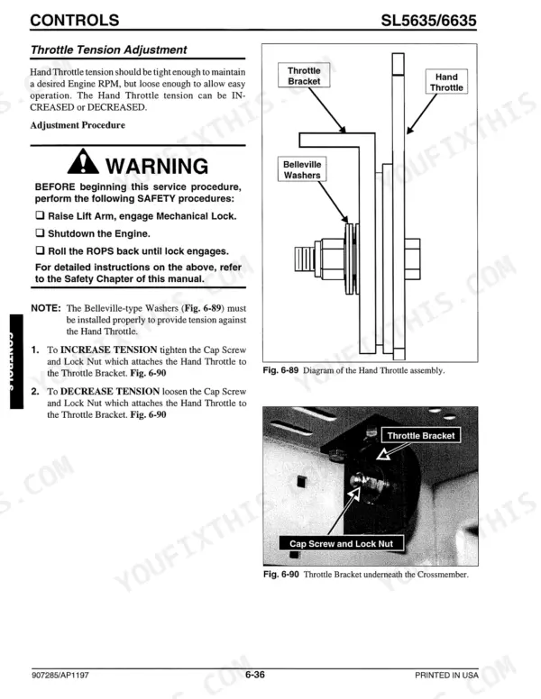 Gehl 5635SX, 5635DX, 5635SXT, 5635DXT, 6635SXT, 6635DXT hand throttle tension adjustment procedure and assembly diagrams.