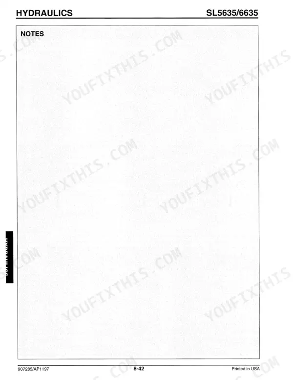 Gehl 5635SX, 5635DX, 5635SXT, 5635DXT, 6635SXT, 6635DXT hydraulics section notes page 8-42.