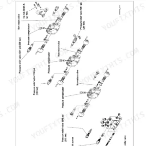 Gehl 680 hydraulic control valve exploded view showing pressure relief valves, compensators, and non-return valves.
