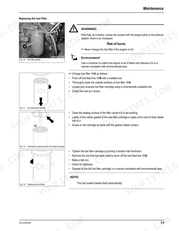 Gehl 680 maintenance manual page showing step-by-step procedures for replacing the fuel filter with diagrams.