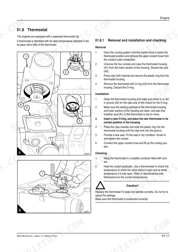 Gehl 721, 721T engine thermostat removal, installation, and checking procedure diagrams and instructions.