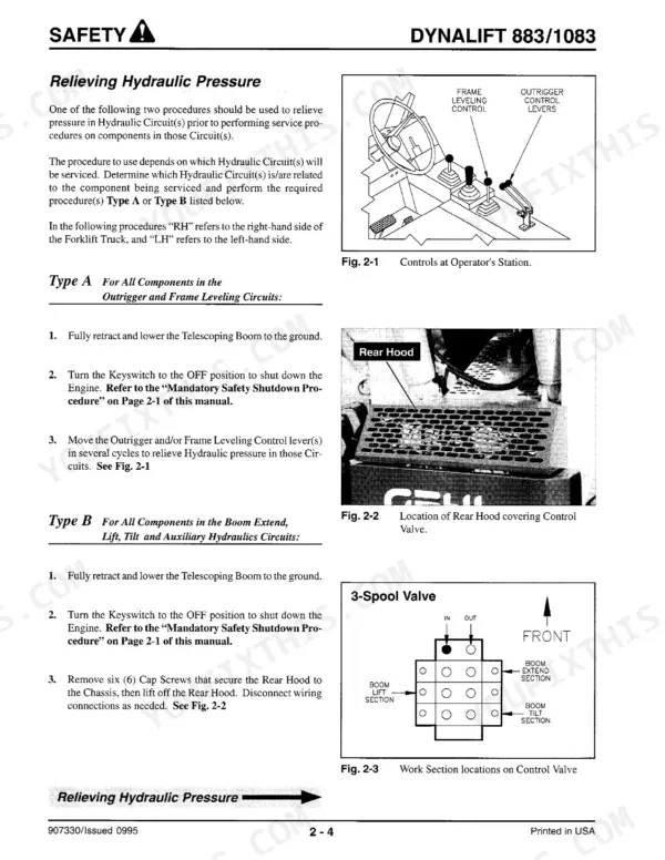 Gehl 883, 1083 procedure for relieving hydraulic pressure, including control station, rear hood, and 3-spool valve diagrams.