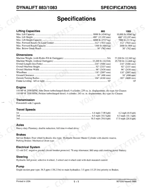 Gehl 883, 1083 Dynalift technical specifications table including lift capacity, dimensions, engine, and travel speeds.
