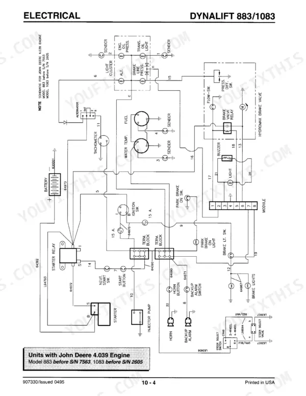 Gehl 883, 1083 electrical wiring schematic for John Deere 4.039 engine, showing battery, starter, and gauge sensors.