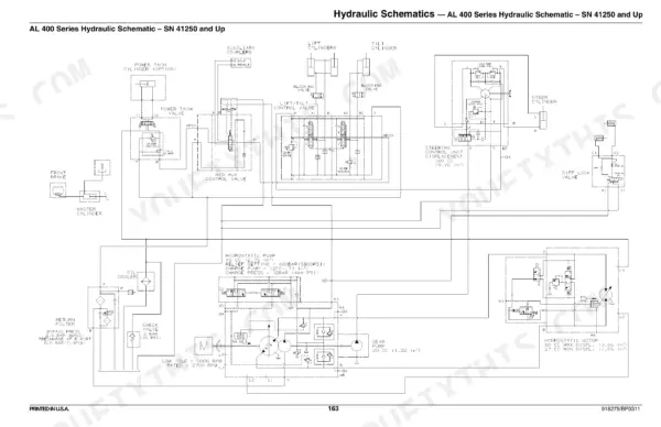 Gehl AL 440, 540 hydraulic schematic for SN 41250 and up, showing pump, cylinders, valves, and steering components.