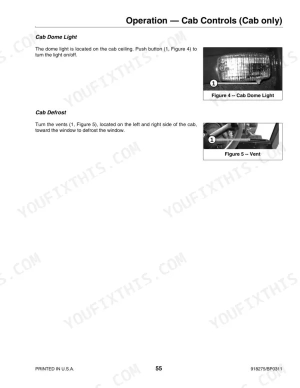 Gehl AL 440, 540 manual page showing operation procedures for cab dome light and defrost vent controls.