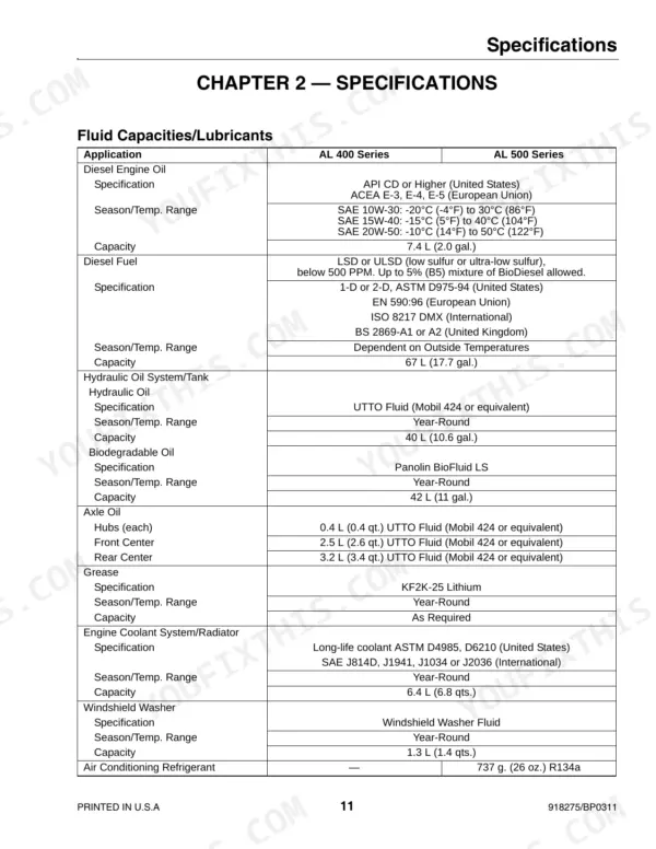 Gehl AL 440, 540 service manual specifications table for fluid capacities, lubricants, and engine oil requirements.