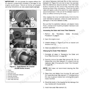 Gehl AL140, AL240, AL340 air cleaner maintenance procedures, dual-element filter replacement steps, and component diagram.