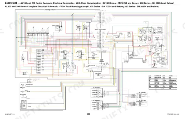 Gehl AL140, AL240, AL340 complete electrical schematic with road homologation, including connector pinouts and wire color key.
