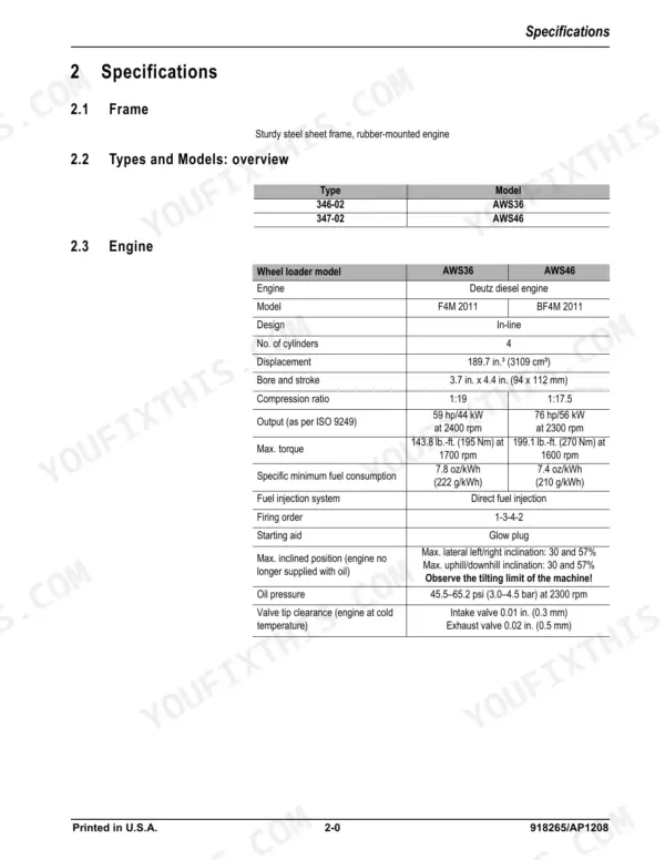 Gehl AWS36, AWS46 service manual specifications table for Deutz diesel engine models F4M 2011 and BF4M 2011.