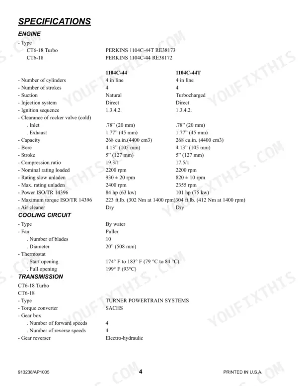 Gehl CT6-18 TURBO, CT6-18 engine, cooling, and transmission technical specifications table for Perkins 1104C engines.