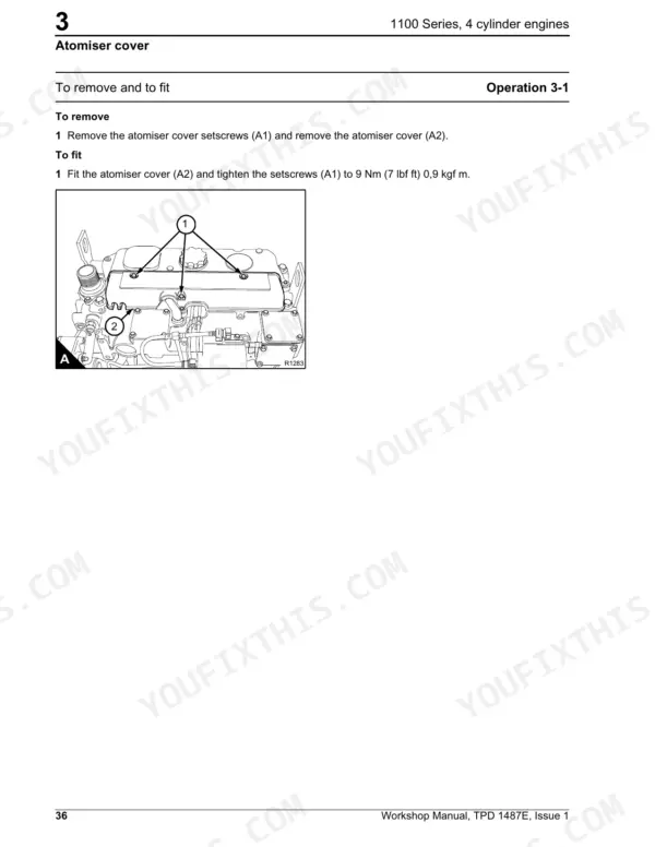 Gehl CT7-23 TURBO engine atomiser cover removal and installation procedure with torque specifications diagram.
