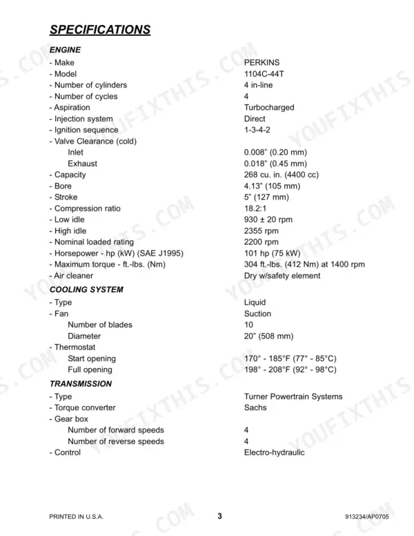 Gehl CT7-23 TURBO engine, cooling system, and transmission technical specifications table.
